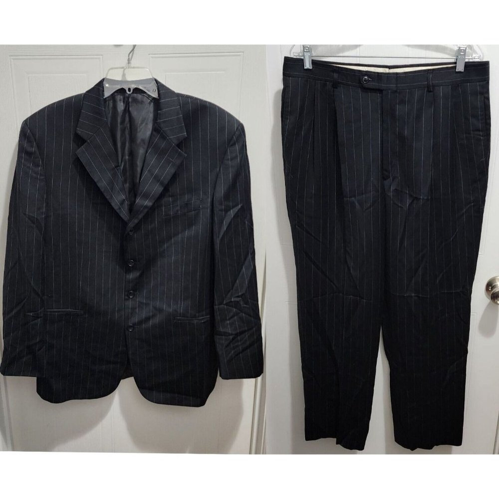 Jones New York Black Pinstripe 2 Piece Suit Jacket Size 44R Pants Size 36R Wool